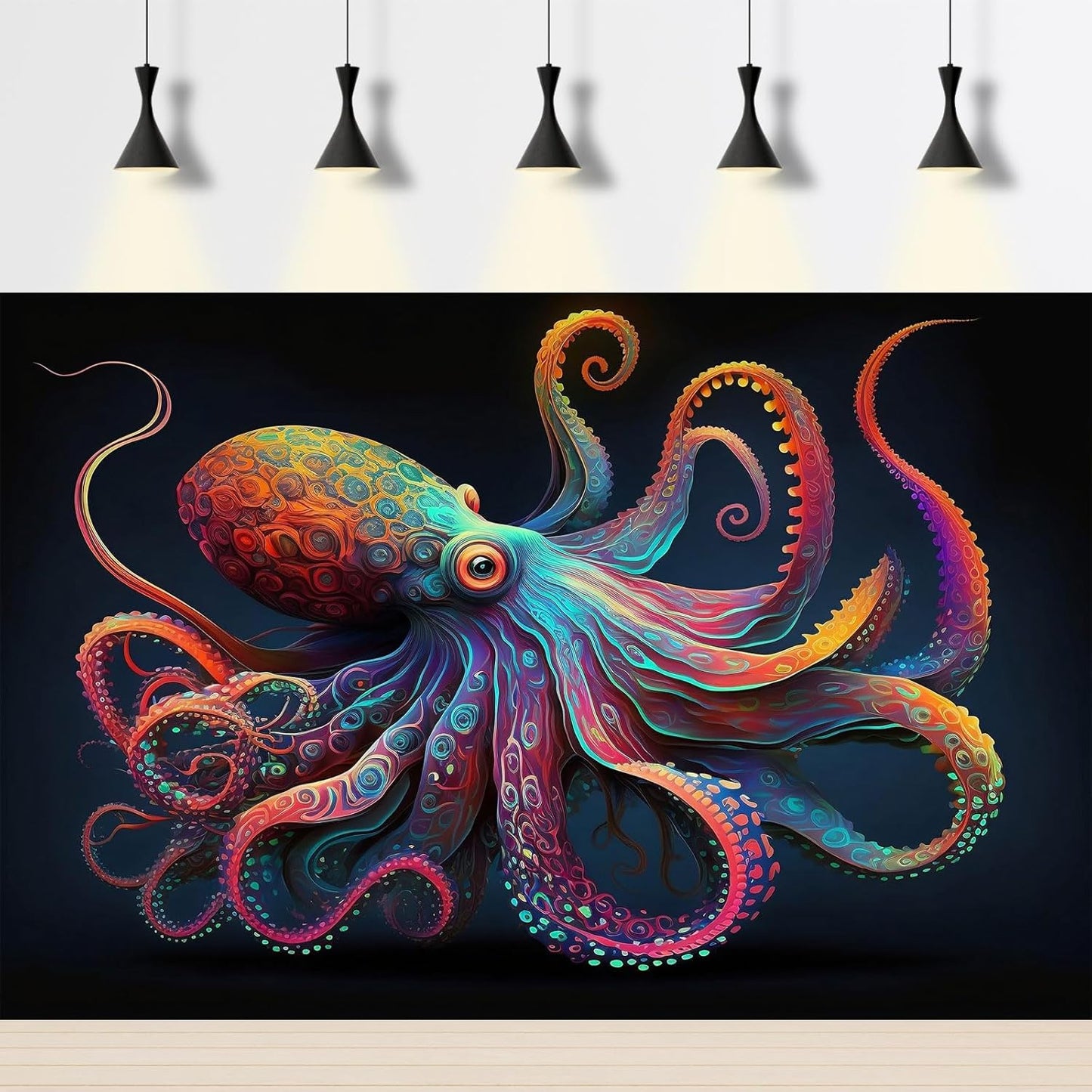 Exquisite Octopus Aquarium Background Abstract Colorful Octopus Terrarium Background Glowing Octopus on Black Background Fish Tank Backdrop Octopus Backdrops Poster Wallpaper Decors Vinyl 36x24in
