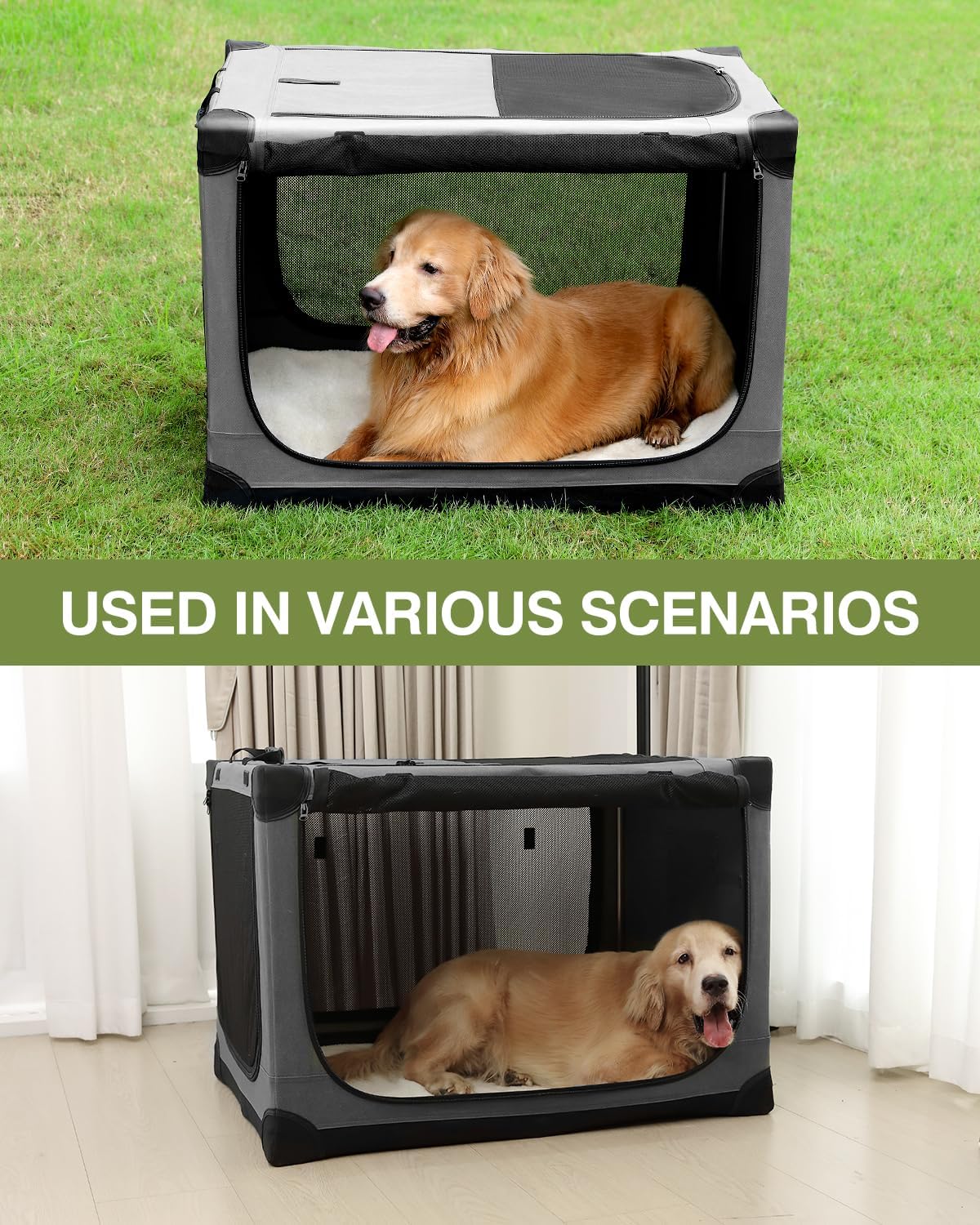 30-Inch Collapsible Travel Dog Crate, Portable 4-Door Soft Kennel for Medium to Large Dogs, Durable Mesh Windows, Indoor/Outdoor Use, Foldable, with Storage Bag (Grey)