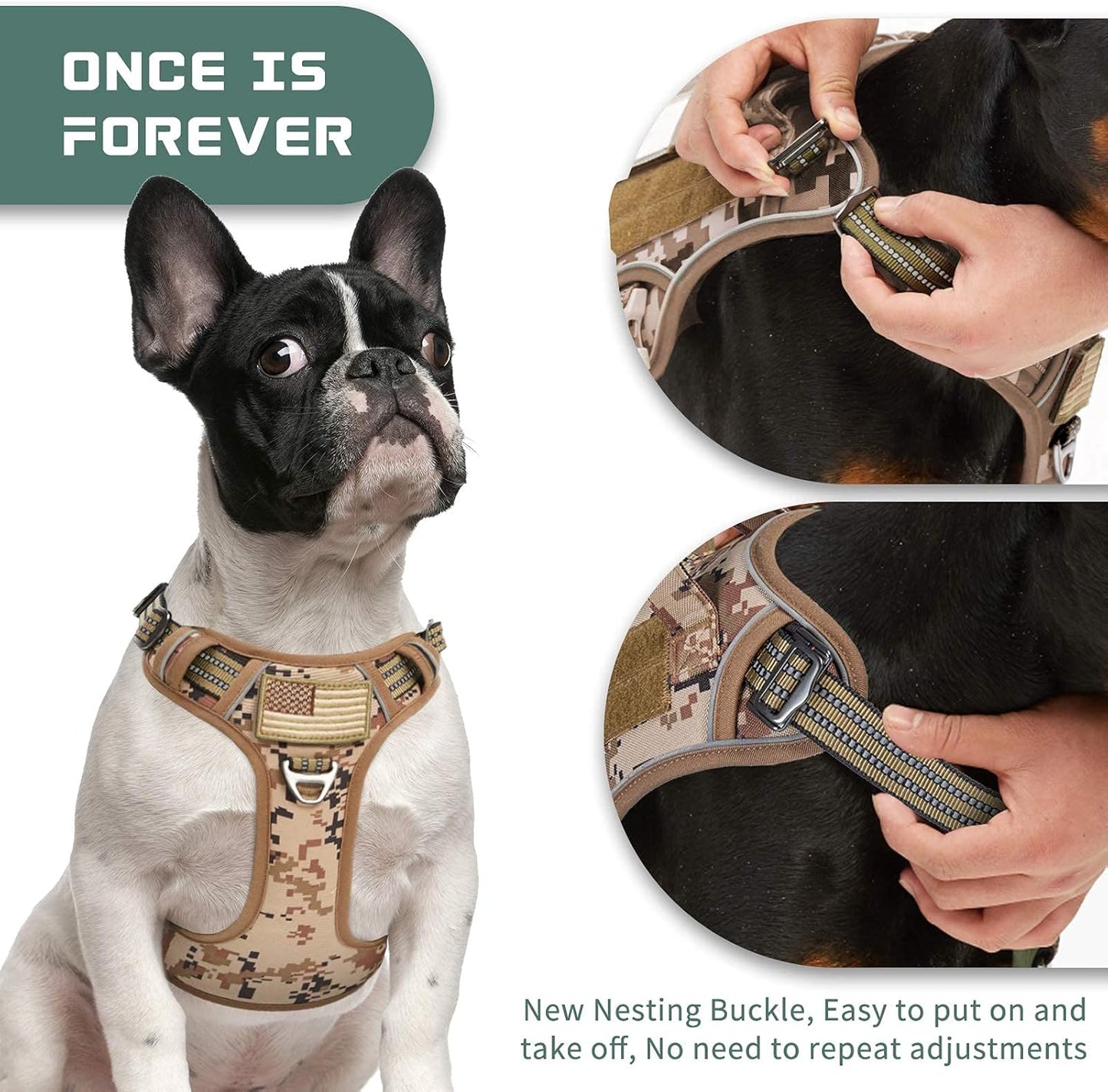 BUMBIN Tactical Dog Harness for Small Dogs No Pull, Famous TIK Tok No Pull Puppy Harness, Fit Smart Reflective Pet Walking Harness for Training, Adjustable Dog Vest Harness with Handle Desert Camo S