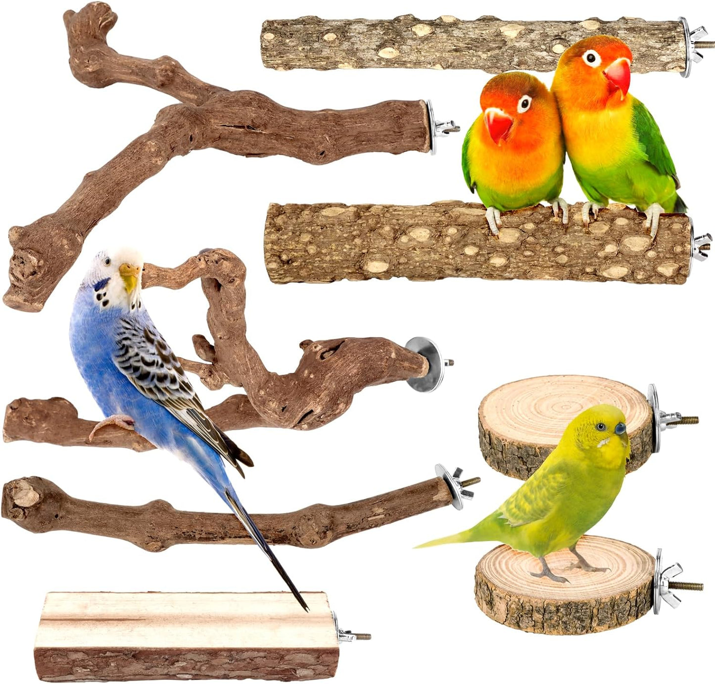 8PCS Natural Grape Wood Bird Perch Set - Parrot Cage Stand with Paw Grinding Forks, Chewing Sticks & Exercise Branches for Parakeets, Cockatiels, Conures, Budgies, Finches