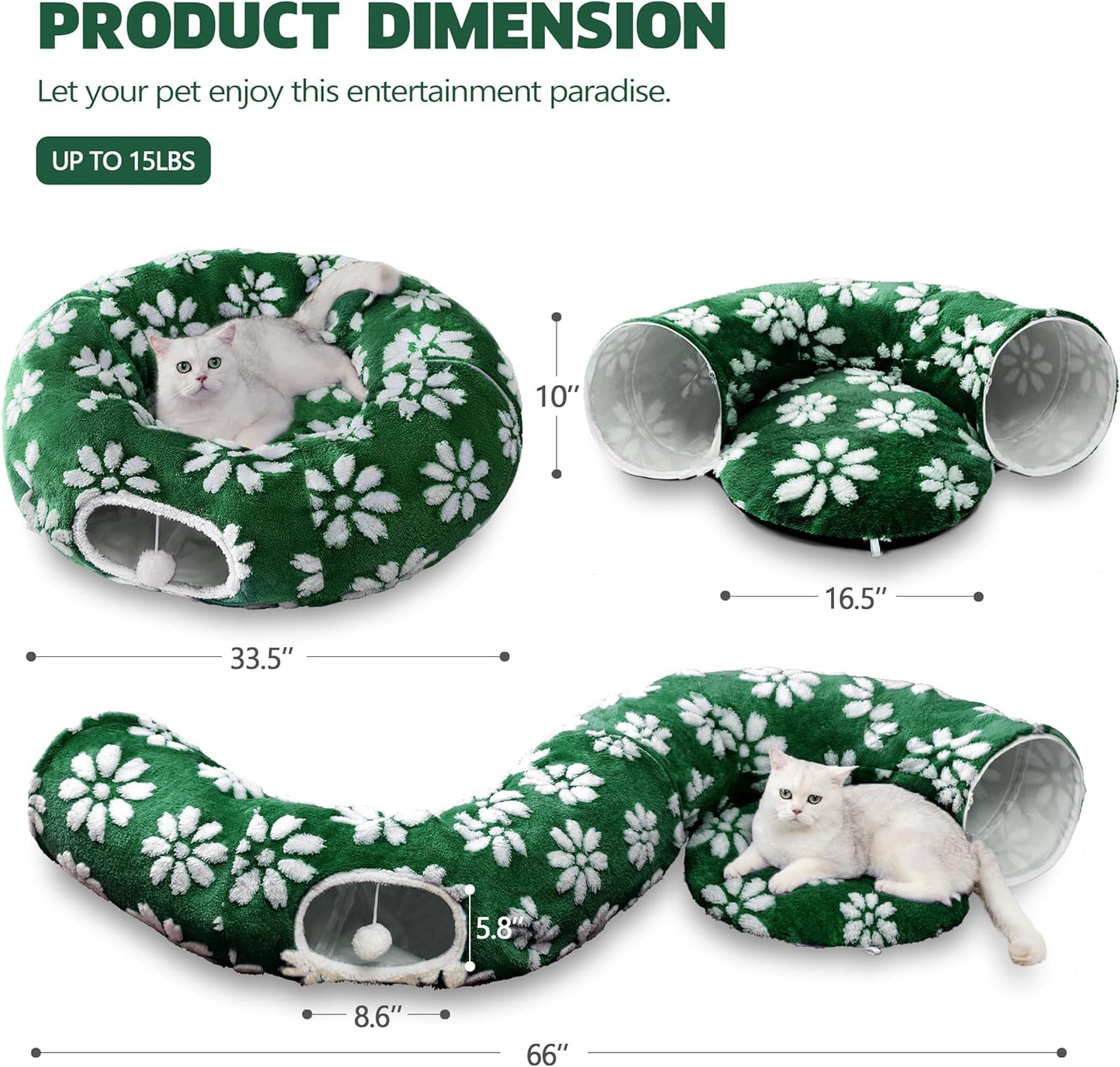 Cat Tunnel for Indoor Cats, Cute Peekaboo Cat Cave with Dangling Balls, Pet Donut Tunnel Bed with Circle Mat for Puppy Kitten Rabbit, Green Flower