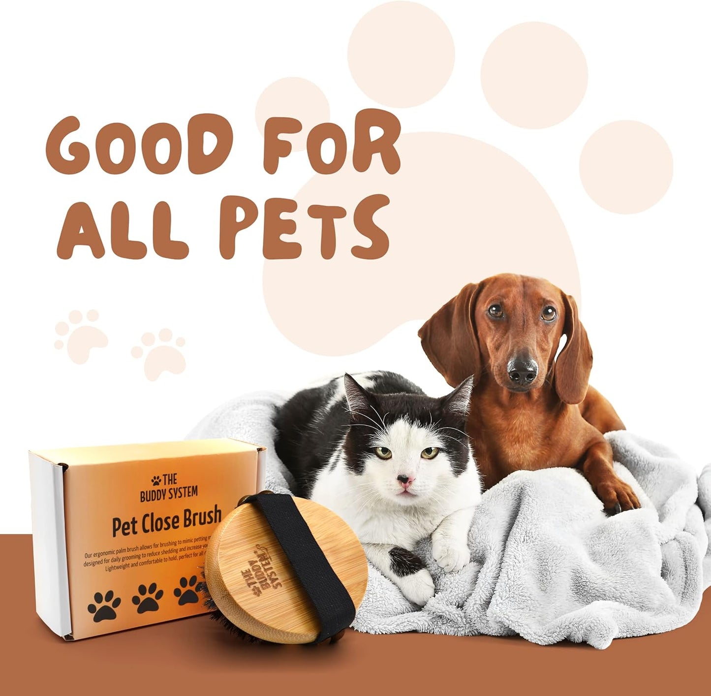 The Buddy System Pet Close Brush, Soft Touch Oval Palm Brush - Bamboo Massage Handheld with Soft Boar Bristles and Elastic Band for Dogs and Cats