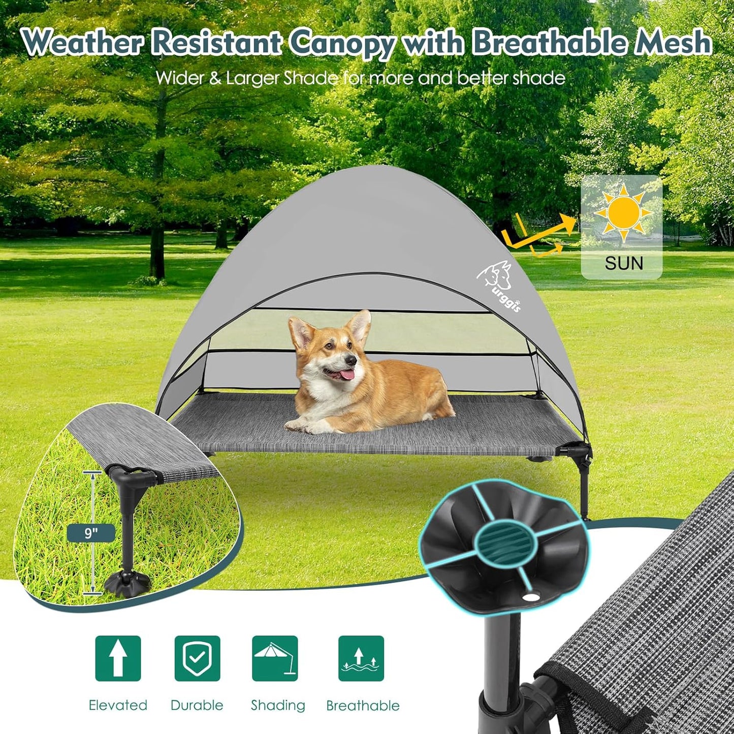 Upgraded Elevated Dog Bed with Canopy, Portable Raised Outdoor Dog Bed with Stable Anti-Slip Feet, Wider Shade Pet Bed Cot, Raised Dog Beds for Large Dogs Camping, Indoor & Outdoor Use