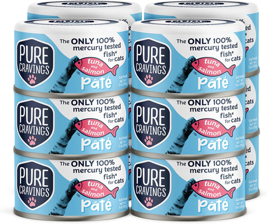 Tuna and Salmon Pate, Canned Wet Cat Food, 100% Mercury-Tested, Moist Can Fish, Grain-Free Protein, Non-GMO, 12 Pack