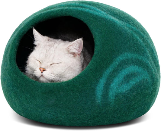 MEOWFIA Cat Cave – Premium Felt Cat Bed for Indoor Cats, Handmade 100% Merino Wool (Large, Emerald)