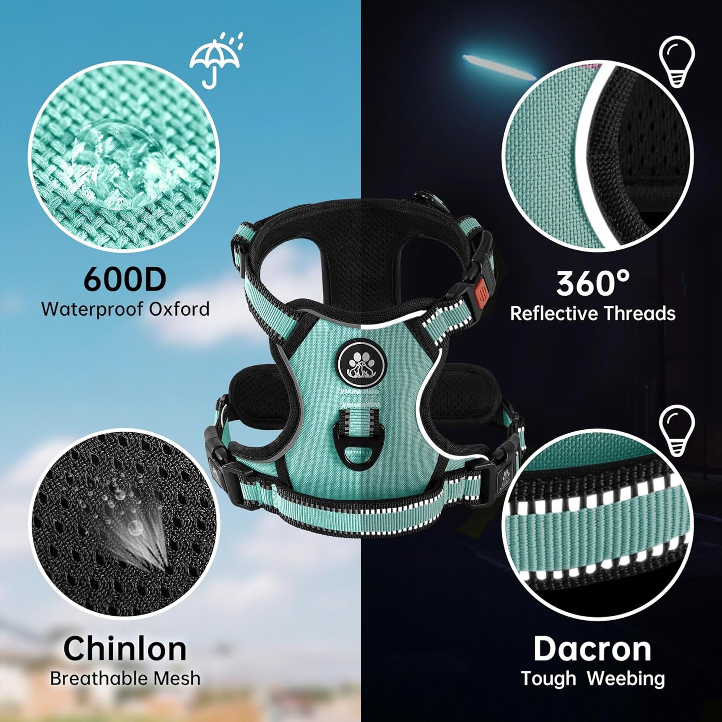 NESTROAD No Pull Dog Harness,Adjustable Oxford Dog Vest Harness with Leash,Reflective No-Choke Pet Harness with Easy Control Soft Handle for Large Dogs(Large,Turquoise)