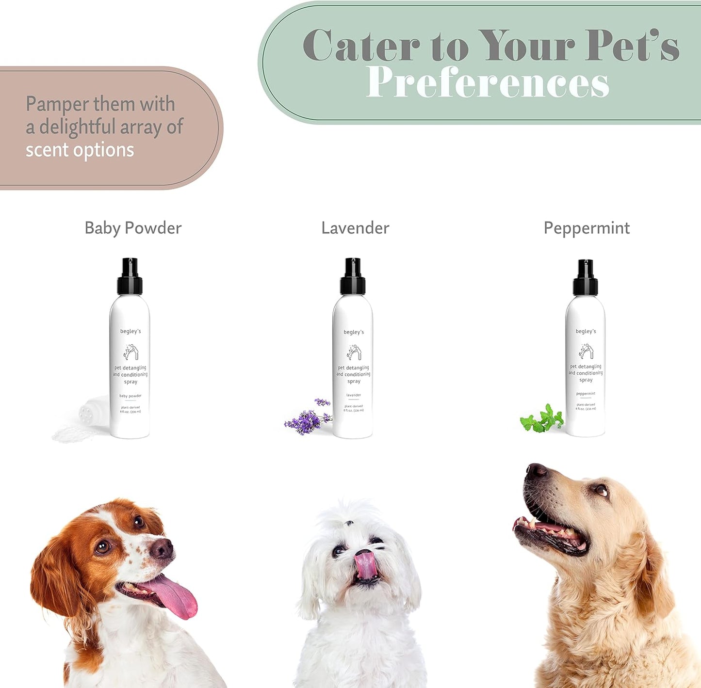 Begley's Pet Detangling Spray - Premium Essential Oil Scented Detangler Spray for Dogs, Puppies & Cats - Dog Leave in Conditioner Spray - Dematting Spray for Dogs & Pets - 8 oz, Peppermint