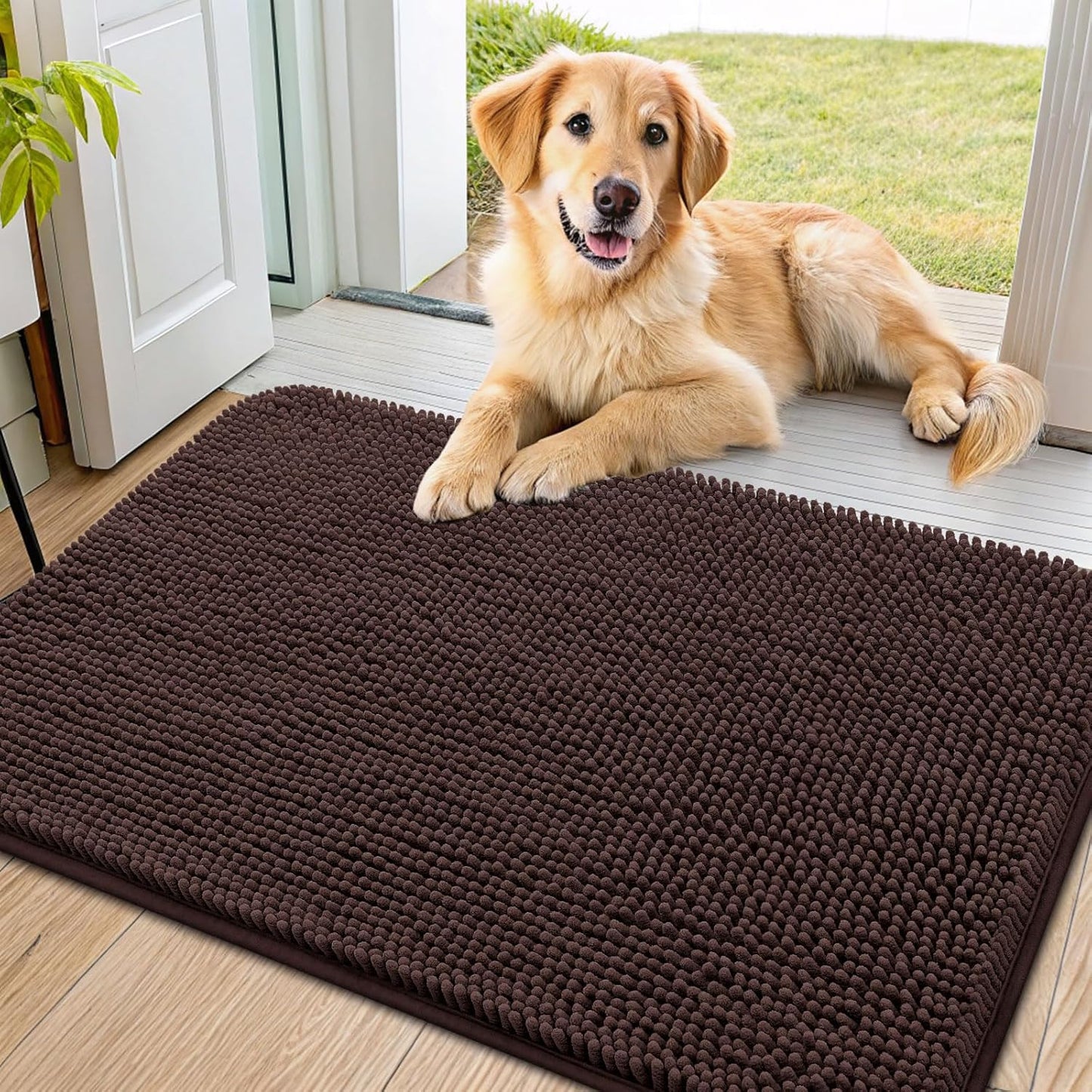 Smiry Dog Door Mat for Muddy Paws 36x24, Absorbs Moisture and Dirt Doormat, Non-Slip Washable Quick Dry Chenille Front Door Mat Indoor Entrance, Entryway Carpet for Inside Floor, Brown