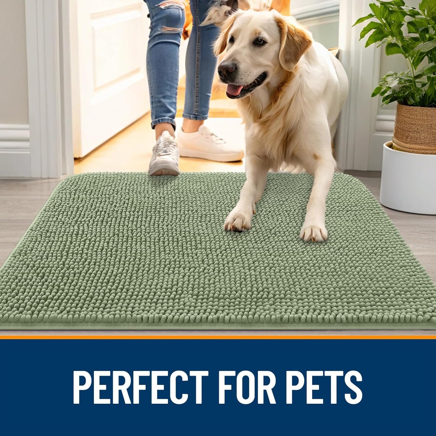 OLANLY Dog Door Mat for Muddy Paws 47x17, Absorbs Moisture and Dirt, Absorbent Non-Slip Washable Doormat, Quick Dry Chenille Mud Mat for Dogs, Entry Indoor Entryway Carpet for Inside Floor, Sage Green