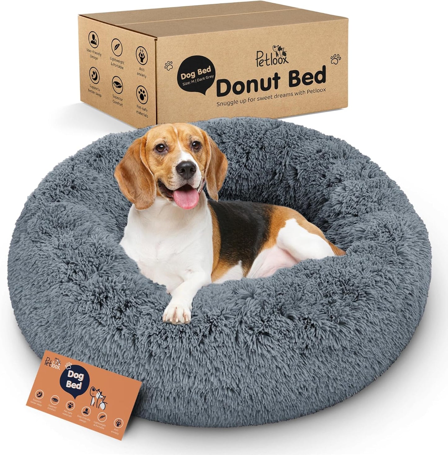 Donut Dog Bed - Premium Comfort for Anxiety Relief - Fluffy & Calming Design with Ultra-Plush Support | Cozy Round Dog Bed with Super Soft Circle Style (Size M Dark Grey)