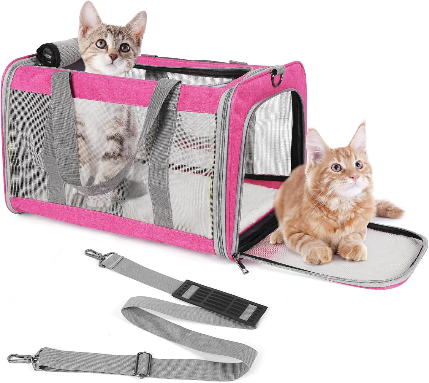 Pet Carrier for Large Cats of 20 Lbs, Collapsible Carrier Bag for Big Cat or 2 Kittens,Soft Sided Puppy Carrier with Sturdy Travel Transport Strap, Adequate Ventilation, 4 Mesh Windows (Pink)