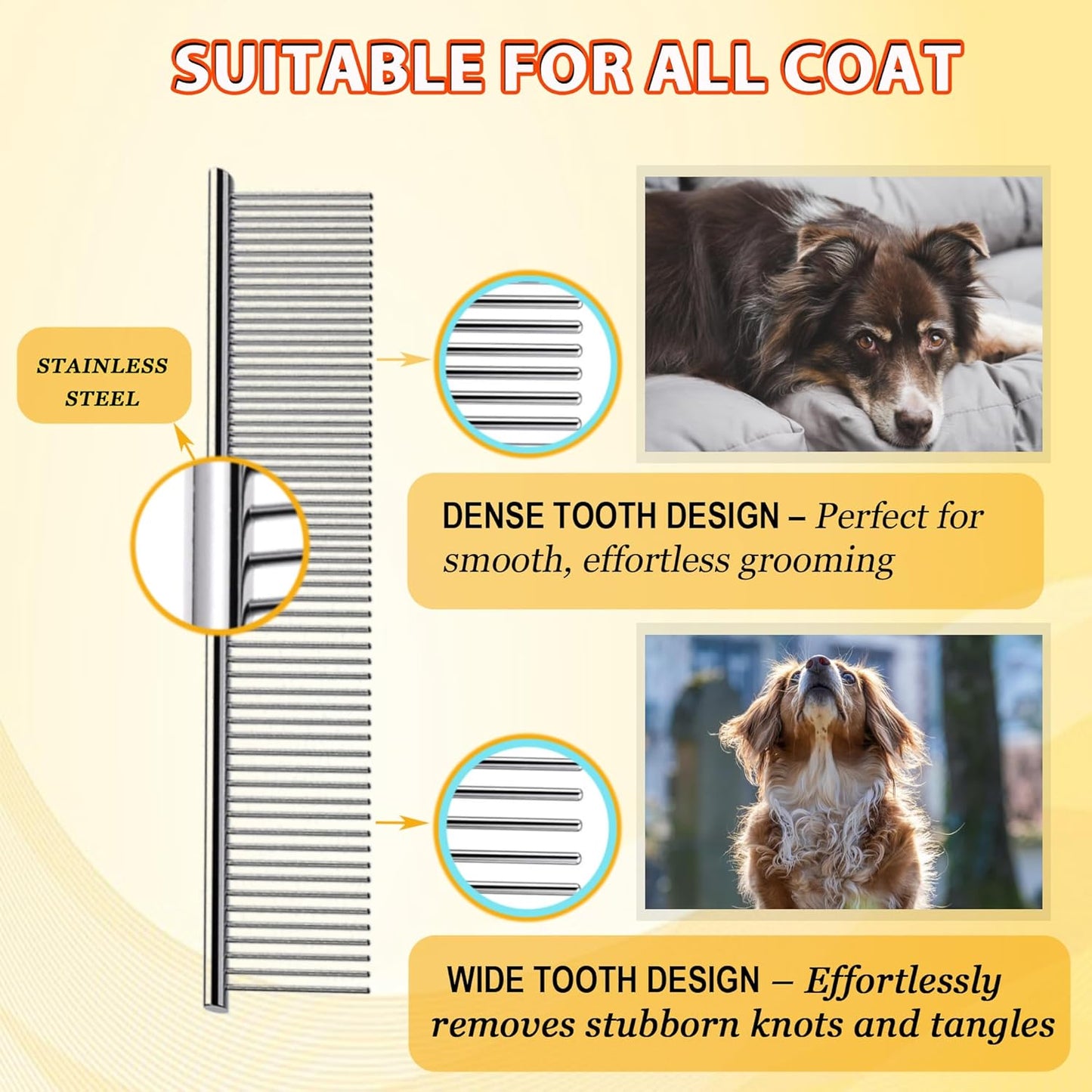 Dog Comb and Cat Combs Stainless Steel Teeth, Grooming Tool for Long & Short Hair, Dematting Comb for Dogs, Removes Tangles & Knots (Small Silver)