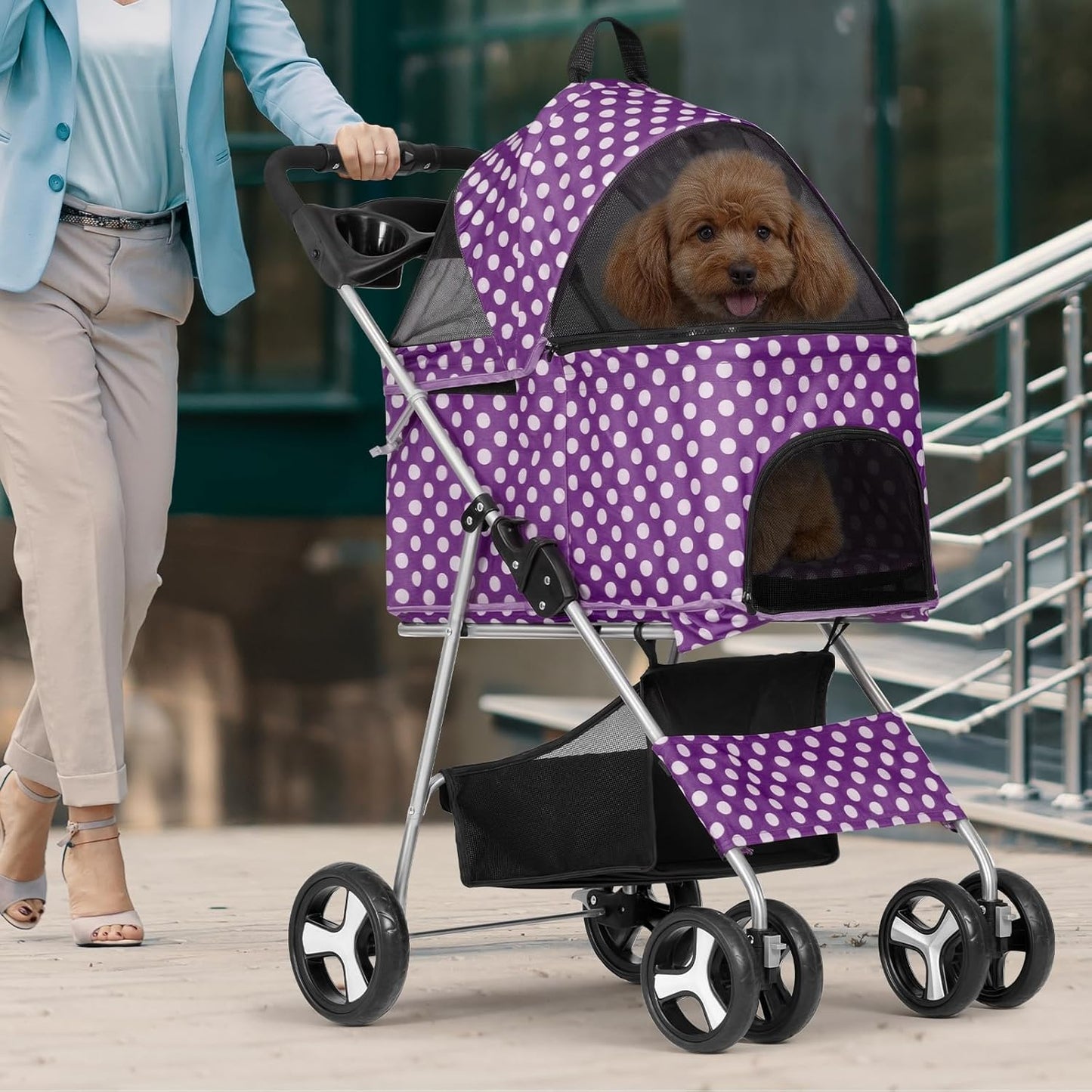 Magshion Foldable Pet Stroller, 3-in-1 Dog Travel Jogger with Detachable Carrier, Cup Holder, Storage Basket, Folding Carrier for Small/Medium Dogs & Cats Up to 33 lbs, Purple Polka Dots