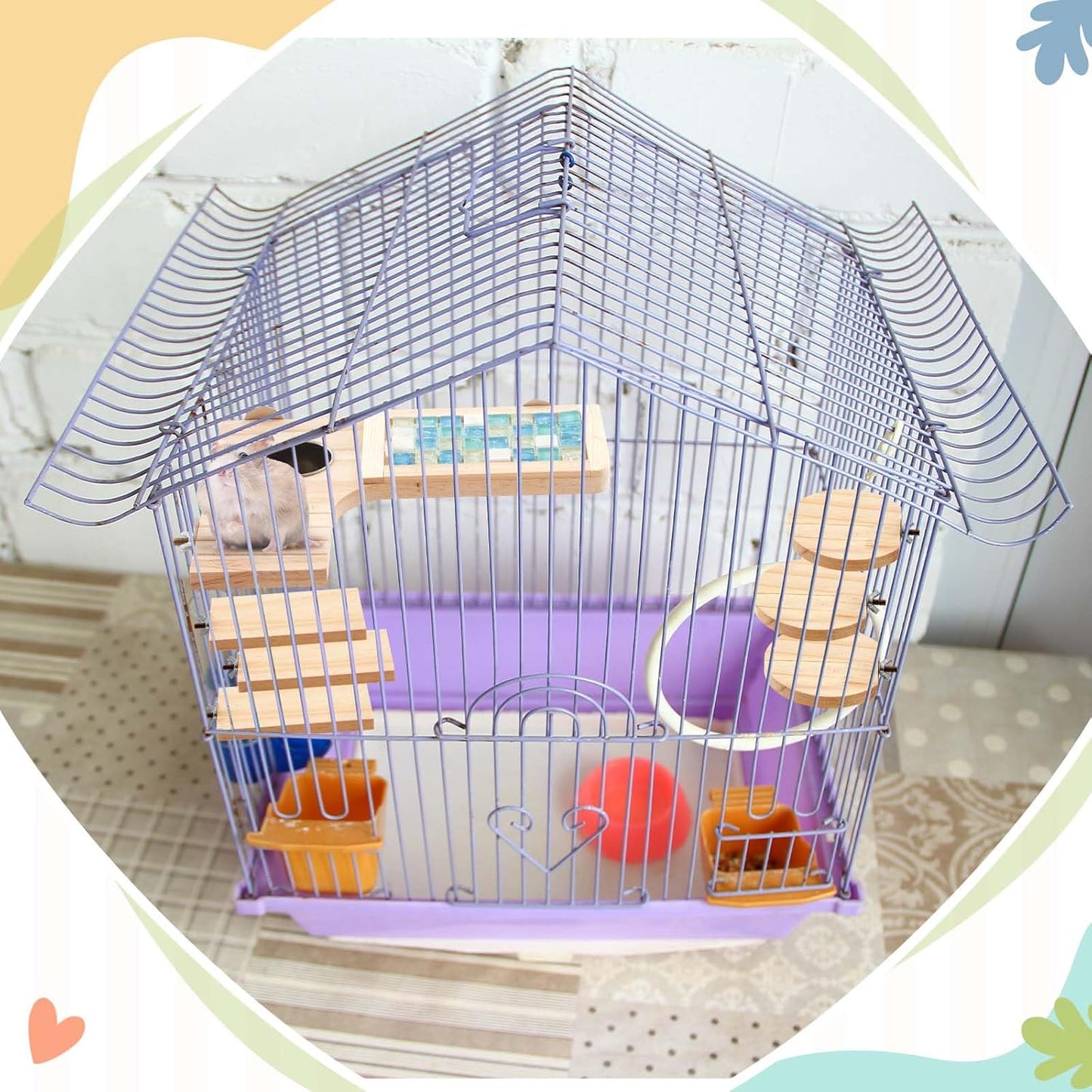 Set of 9 Wooden Hamster Cage Platform Chinchilla Ledges and L Shaped Round Hole Rat Cage Accessories with Cooling Standing Board Food Cup for Squirrel Gerbil Guinea Pig Small Animal