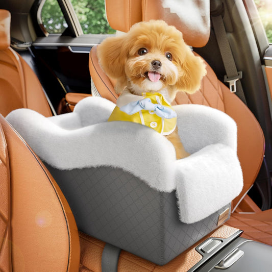 Portable Small Dog Seat for Car,Luxury Center Console Dog Car Seat Booster with Safety Tethers,Auti-Collapse Pet Travel Carrier for SUV,Truck.(Dark Grey/White)