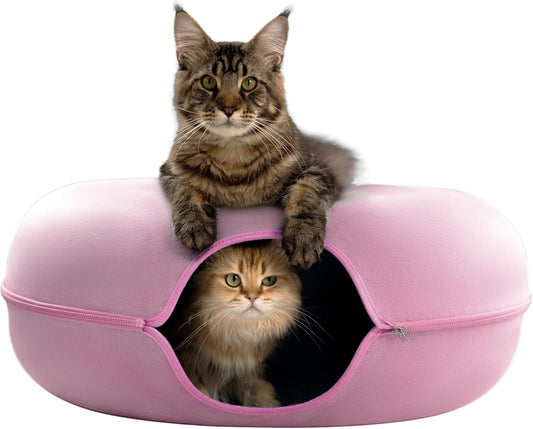 Cattasaurus Peekaboo Cat Cave for Multiple & Large Cats Up to 30-45 Lbs, Scratch Detachable & Washable Tunnel Bed, Comfy Donut Cat Cave (Pink, Jumbo)