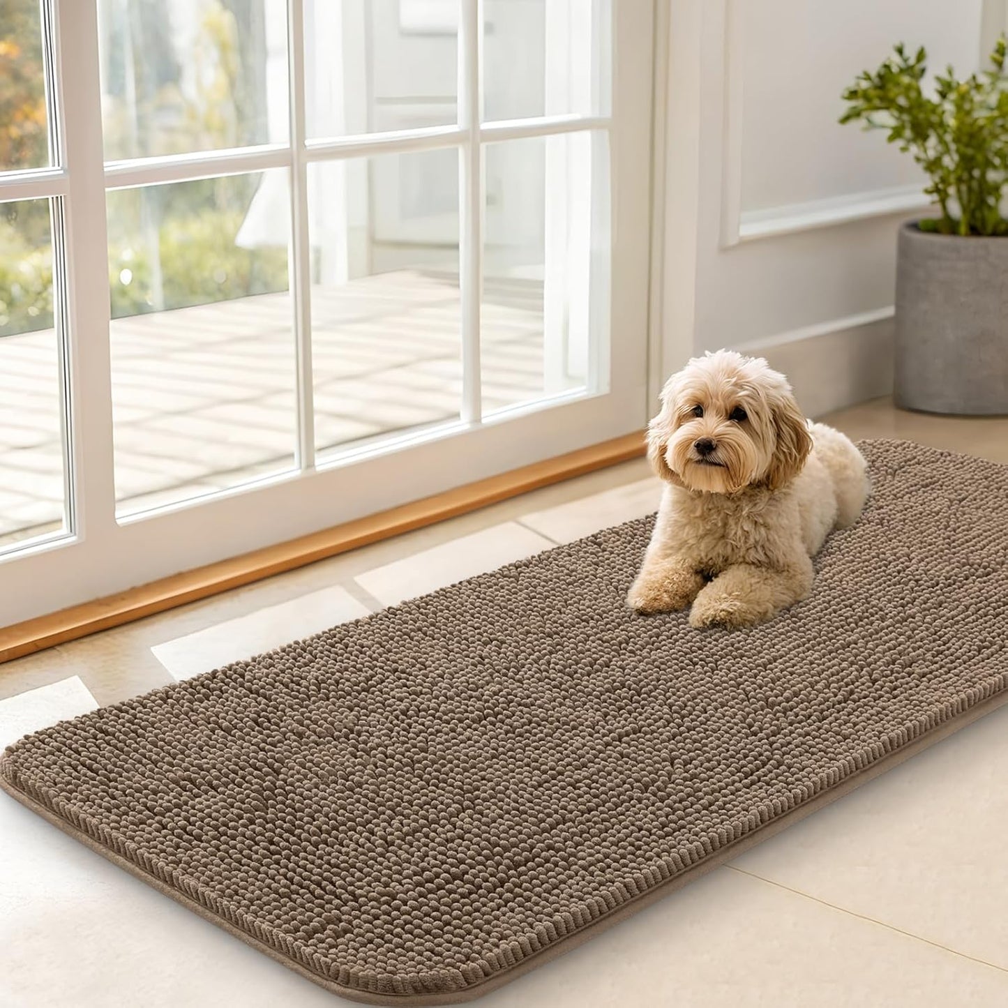 OLANLY Dog Door Mat for Muddy Paws 47x20, Absorbs Moisture and Dirt, Absorbent Non-Slip Washable Doormat, Quick Dry Chenille Mud Mat for Dogs, Entry Indoor Entryway Carpet for Inside Floor, Tan