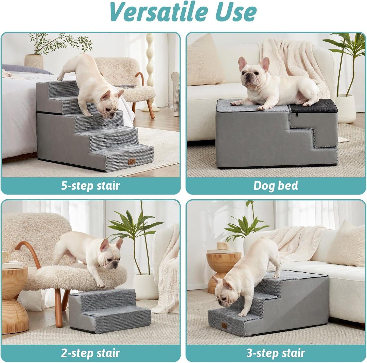 Dog Stairs for Small Dogs, 5 Tier Removable Wider Pet Stairs for Couch and Bed, 23.6" H Non-Slip Dog Steps for Puppies and Old Cats with Support Board, 29.5x19.7x23.6 inch, Grey