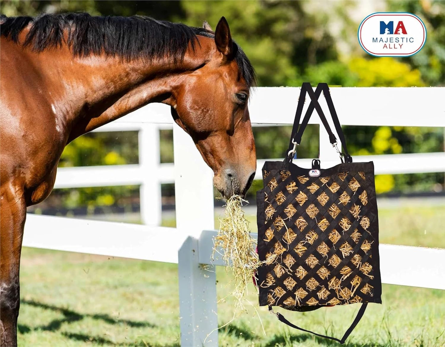 Majestic Ally Premium Nylon Hay Bag for Horses and Livestock, Simulates Grazing, Slow Feeding, Heavy-Duty PP Webbing,Quick-Adjust Straps, Small Hole for Digestion, Multiple Colors (Black)