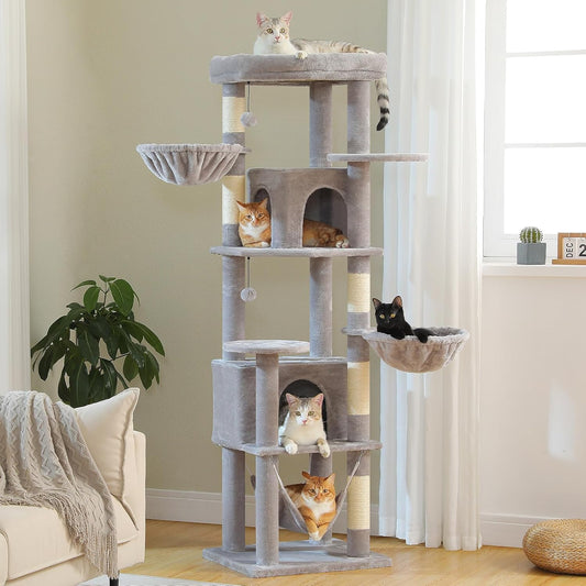71.2" Tall Cat Tree for Indoor Cats - 9-Level Multi-Cat Tower w/5 Sisal Scratching Posts, 2 Condos, 3 Hammocks, Perch & Pom Poms - Heavy-Duty for Adult Cats, Space-Saving Plush Gray