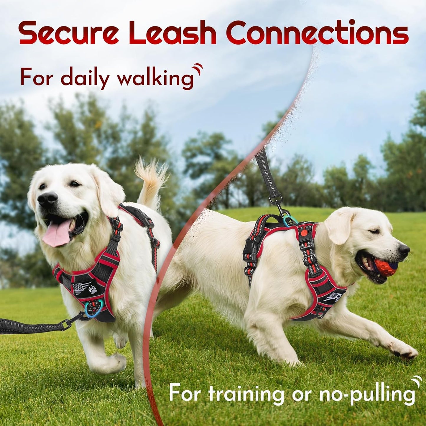 Eagloo Dog Harness for Large Dogs, Easy Wearing with 3 Buckles, Adjustable No Pull Pet Harness with 2 Rings for Walking, No Chock Reflective Soft Padded Vest with Control Handle, Black & Red, L