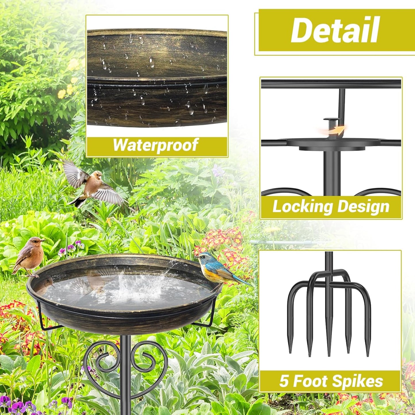 Metal Bird Bath for Outside, Freestanding Bird Bath Bird Feeder Bowl with 5-Pronged Base Stake Detachable Birdbaths Bowl for Outdoors Garden Patio Yard Lawn Decor (Vintage Gold)