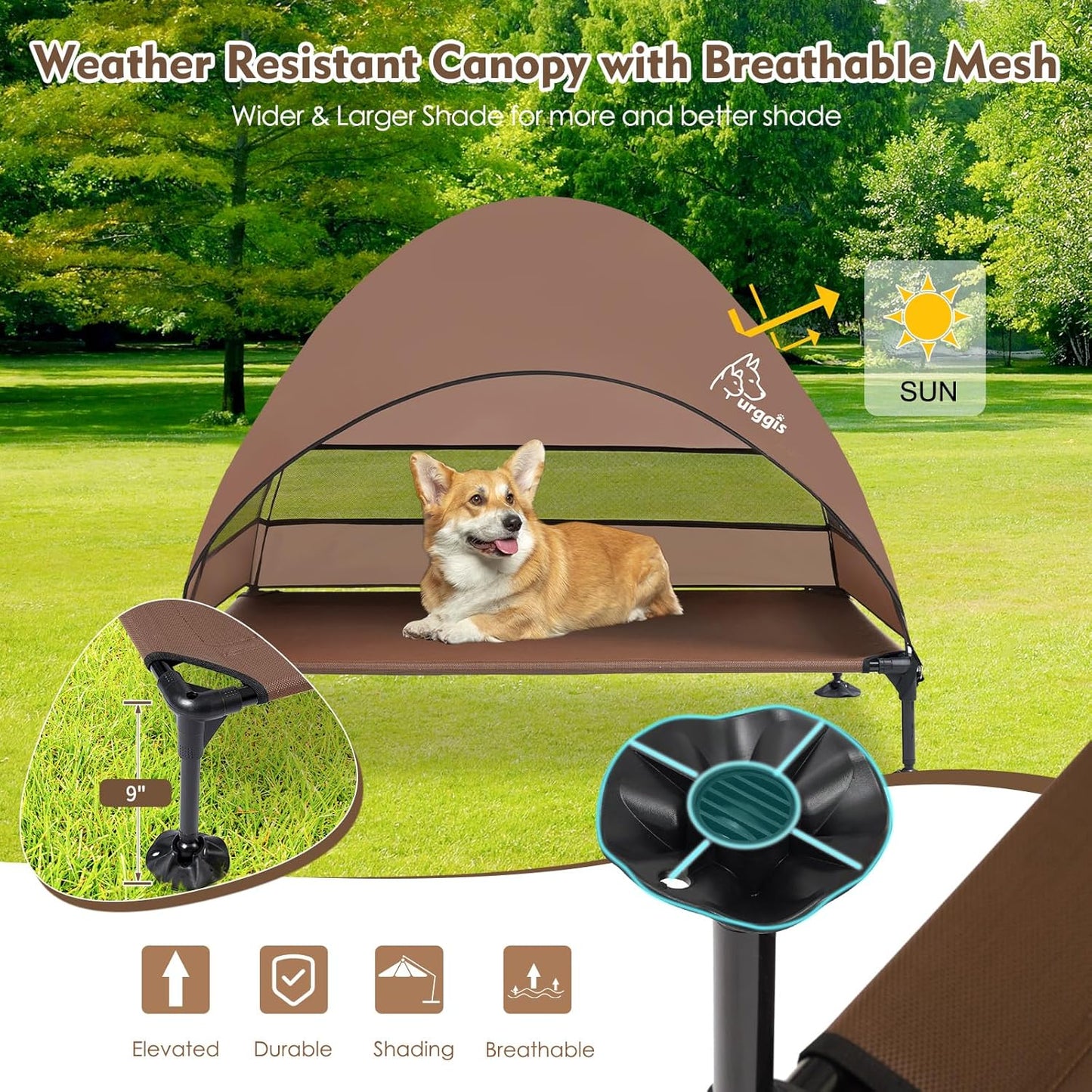 Upgraded Elevated Dog Bed with Canopy, Portable Raised Outdoor Dog Bed with Stable Anti-Slip Feet, Raised Wider Shade Pet Bed Cot for Large Dogs Camping, Indoor & Outdoor Use