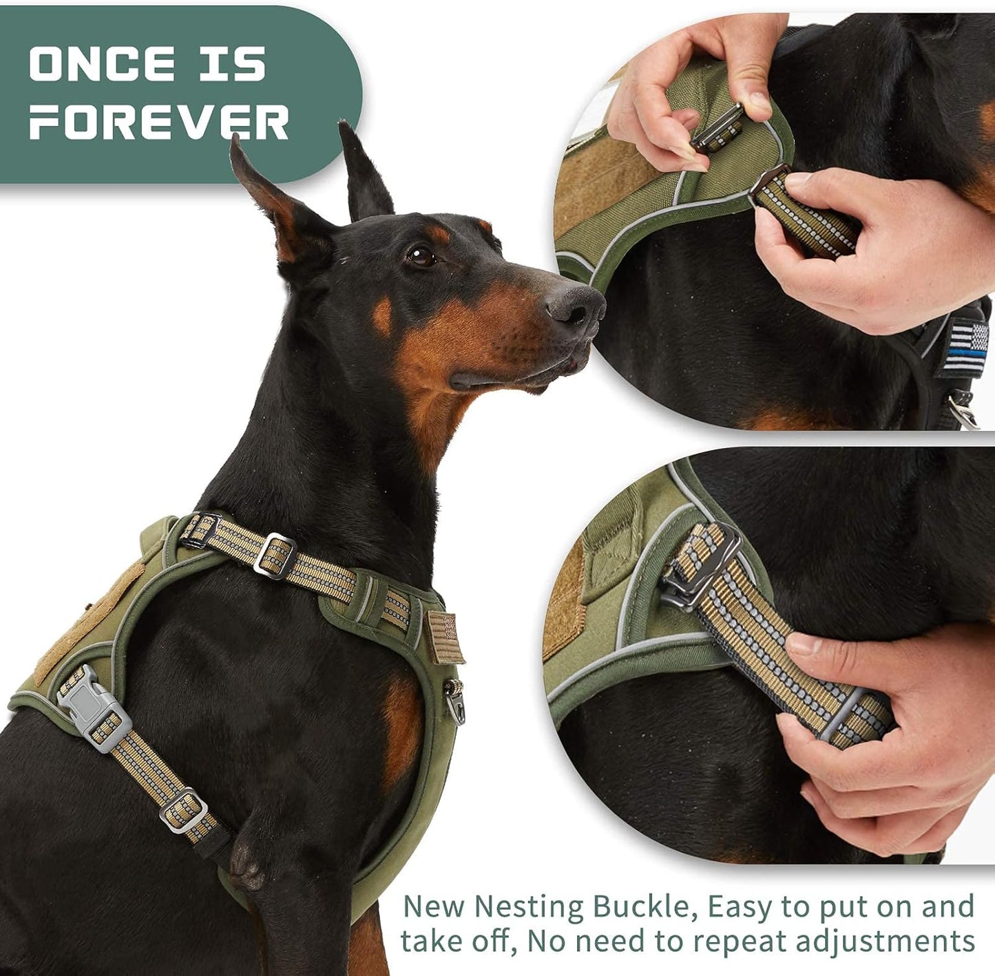 BUMBIN Tactical Dog Harness for Large Dogs, No Pull, Reflective, Green, L(Neck:19-25", Chest:21-35")