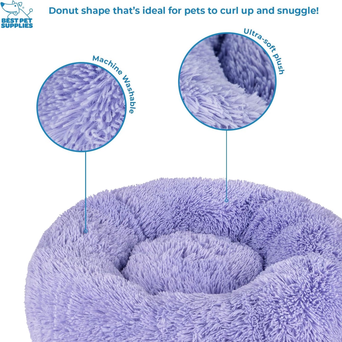 Best Pet Supplies Round Donut Dog Bed with Plush Faux Fur Fabric, Calming, Anti-Anxiety Cushion for Indoor Pets, Slip-Resistant Base, Soft Ergonomic Support - Lavender, 24x24x7''