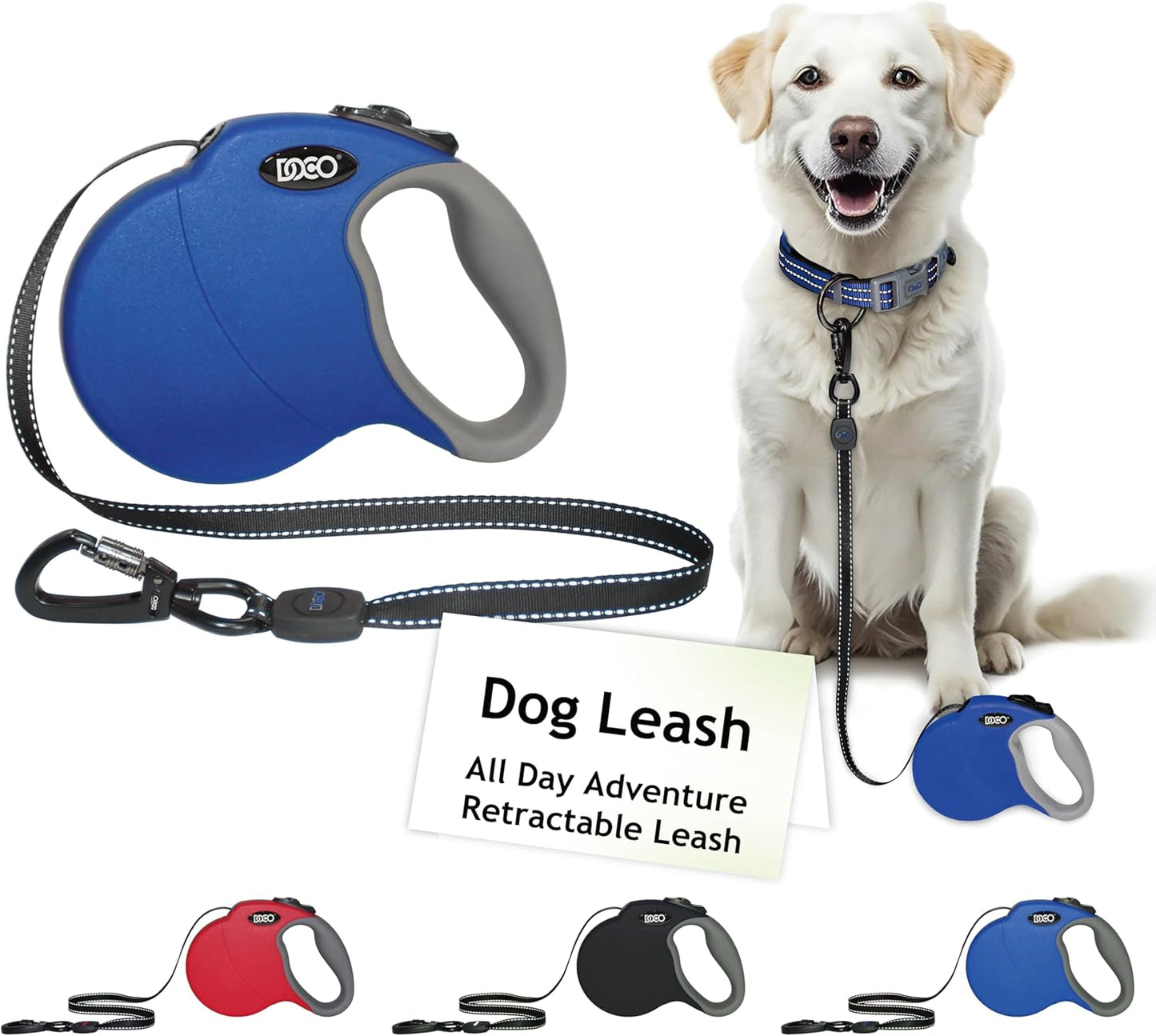 DOCO Retractable Dog Leash for Large Dogs (Length - 16’, Weight - Upto 110lb) Reflective Tape Lead with Stop and Lock Control, Tangle Free 360° Swivel Snap & Anti-Slip Grip (Blue, Large)