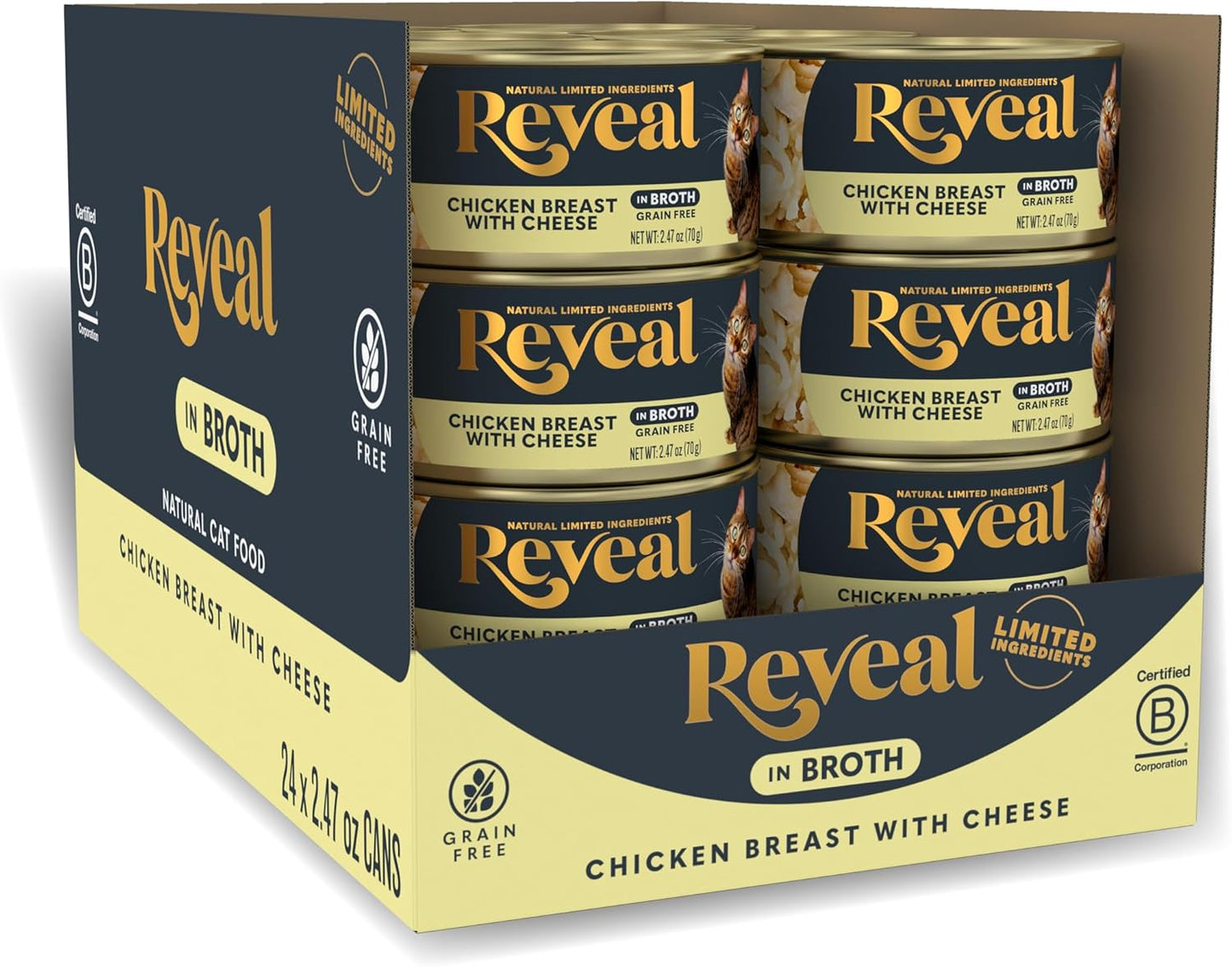 Reveal Natural Wet Cat Food, 24 Count, Grain Free, Limited Ingredient Canned Food for Cats, Chicken Breast with Cheese in Broth, 2.47 oz Cans
