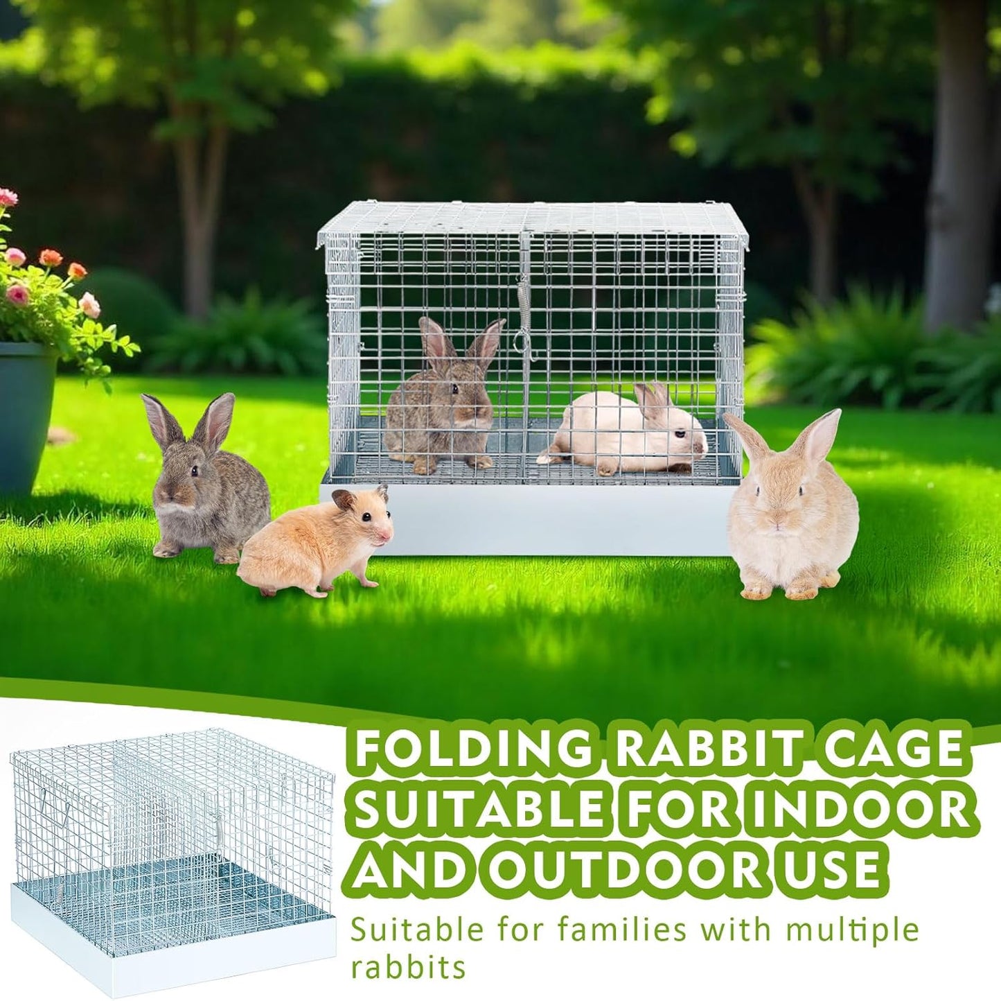 Folding Rabbit Cage, 18 x 18 x 14 in Portable Bunny Carrier with Tray and Handles for Transport, Trave or Temporary Housing, Indoor Outdoor Pet Habitat Animal Enclosure