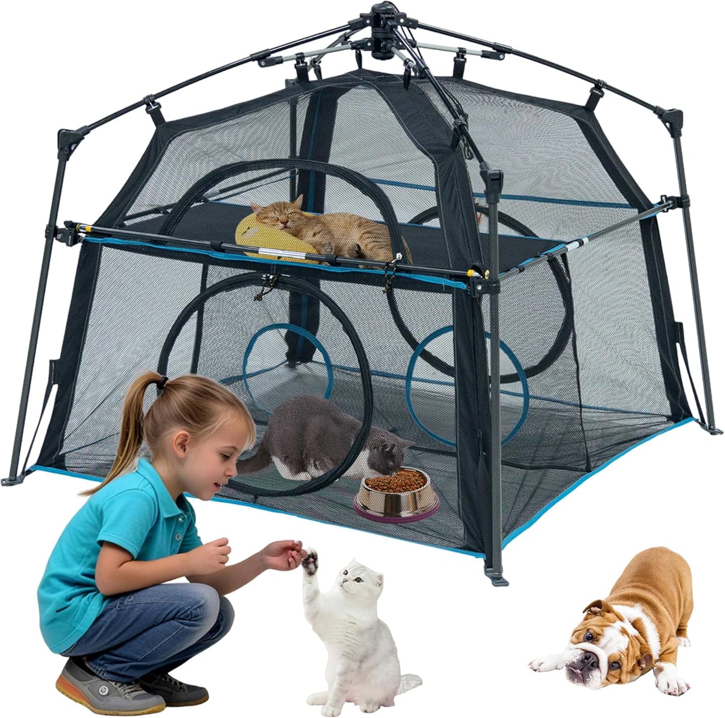 Cat Enclosure and Cat Tower Tent with Two Styles of canopiesfor Indoor and Outdoor,X-Large Outdoor Catio, Cat Tent,Portable and Foldable,Two Doors Design can Assemble More Shapes (Patented)