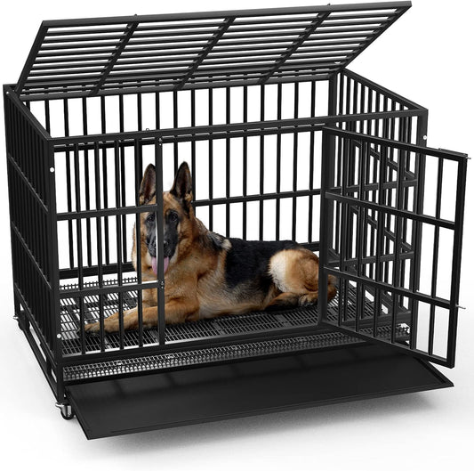 LEMBERI 48/38 inch Heavy Duty Indestructible Dog Crate, Escape Proof Dog Cage Kennel with Lockable Wheels,High Anxiety Double Door Dog Crate,Extra Large Crate Indoor for Large Dog with Removable Tray