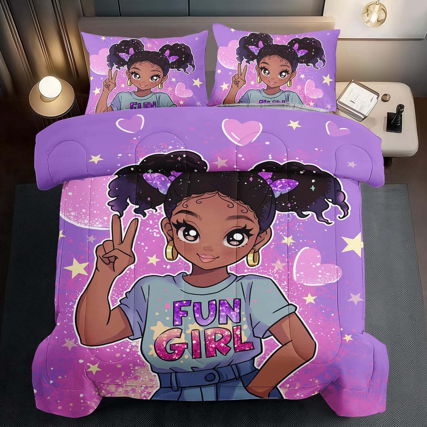 African American Black Girl Comforter Set Twin Size,Cute Black Girl Bedding Set Twin for Kids,Kawaii Heart Comforter Purple Bedding Decor for Teen,Purple Bed Quilt