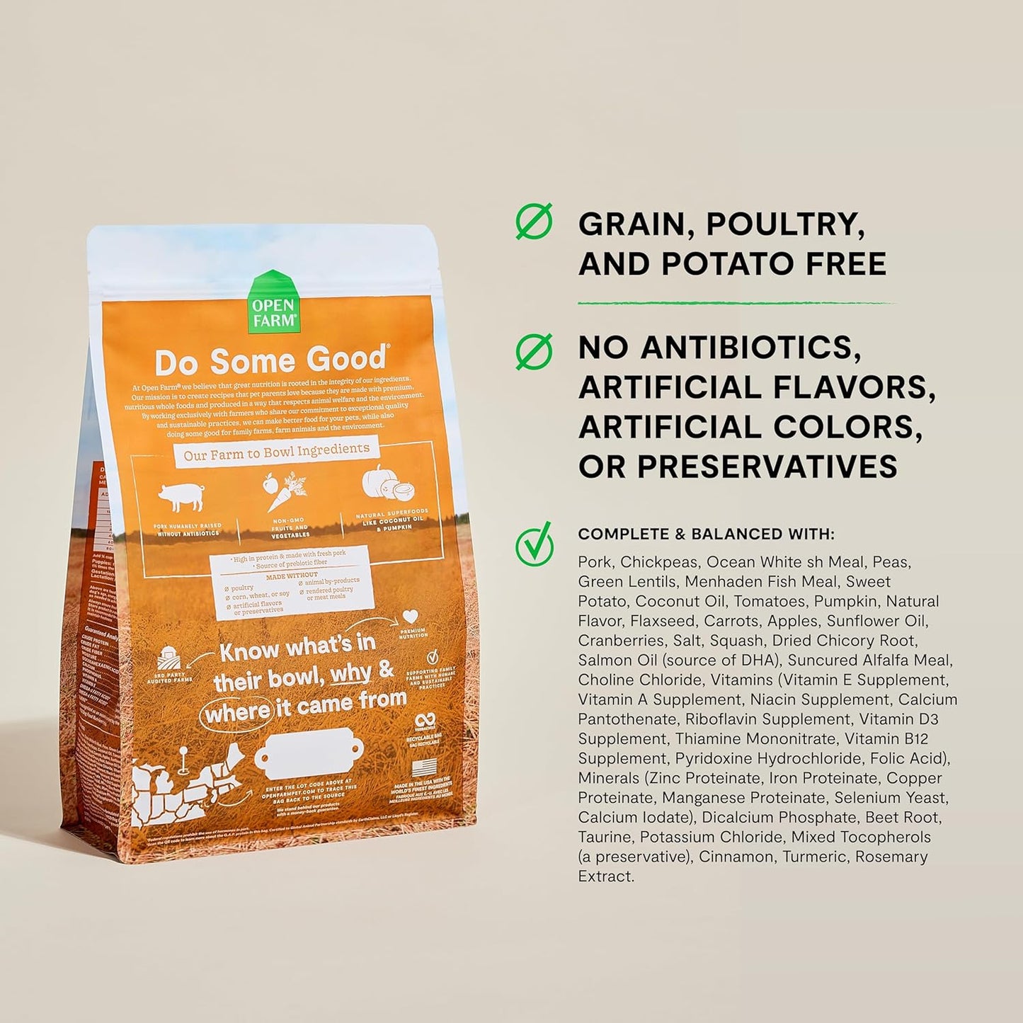 Open Farm, Grain-Free Dry Dog Food, Complete & Balanced Kibble, Sustainably & Ethically Sourced Ingredients, Non-GMO Veggies & Superfoods to Support Overall Health, Pork Recipe, 11lb Bag