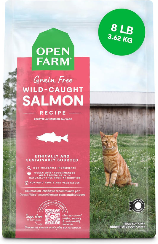 Open Farm, Grain Free Dry Cat Food, High-Protein Kibble for a Complete & Balanced Diet, Non-GMO Fruits & Vegetables, Prebiotic Fibers to Support Digestion, Wild-Caught Salmon Recipe, 8lb Bag