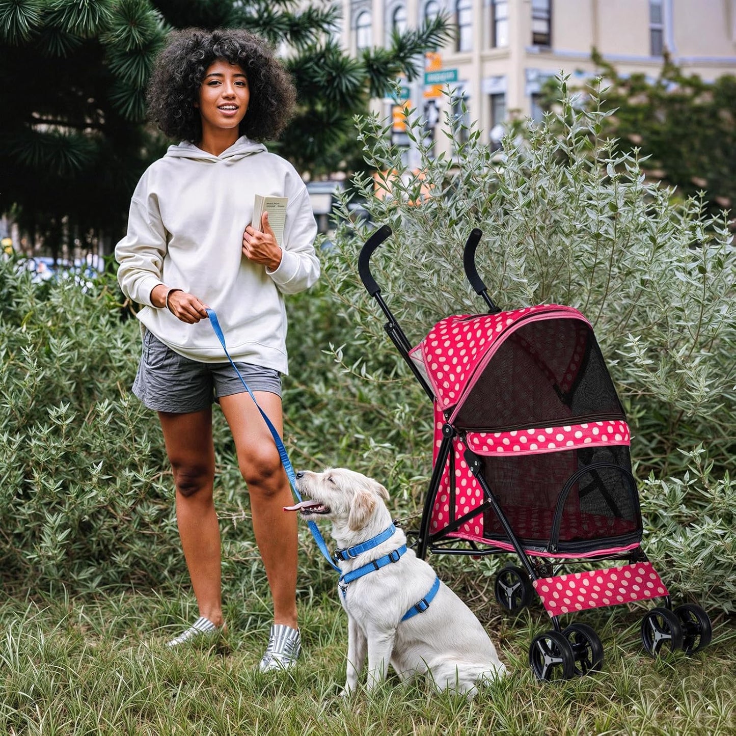 MoNiBloom 4 Wheels Pet Stroller, Easy-Fold Umbrella Shaped Dog Cat Jogger Stroller w/Storage Bag & Visible Mesh for Small/Medium Dogs Cats Hot Pink Polka Dots