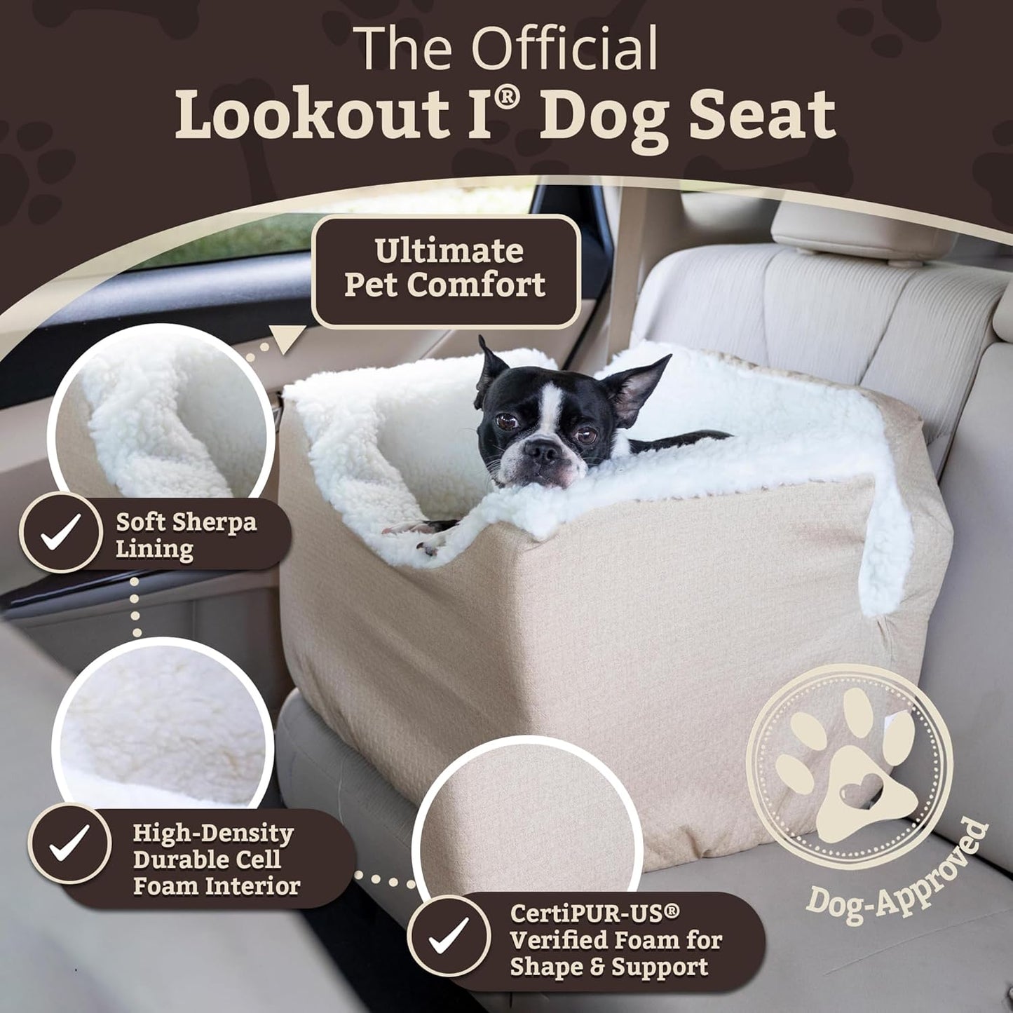 Snoozer Lookout I Car Seat - Dog Car Seats for Small Dogs, Puppy Booster Bed for Small & Medium Sized Pets Up to 25 Lbs, Elevated, Washable - Medium, Birch Diamond