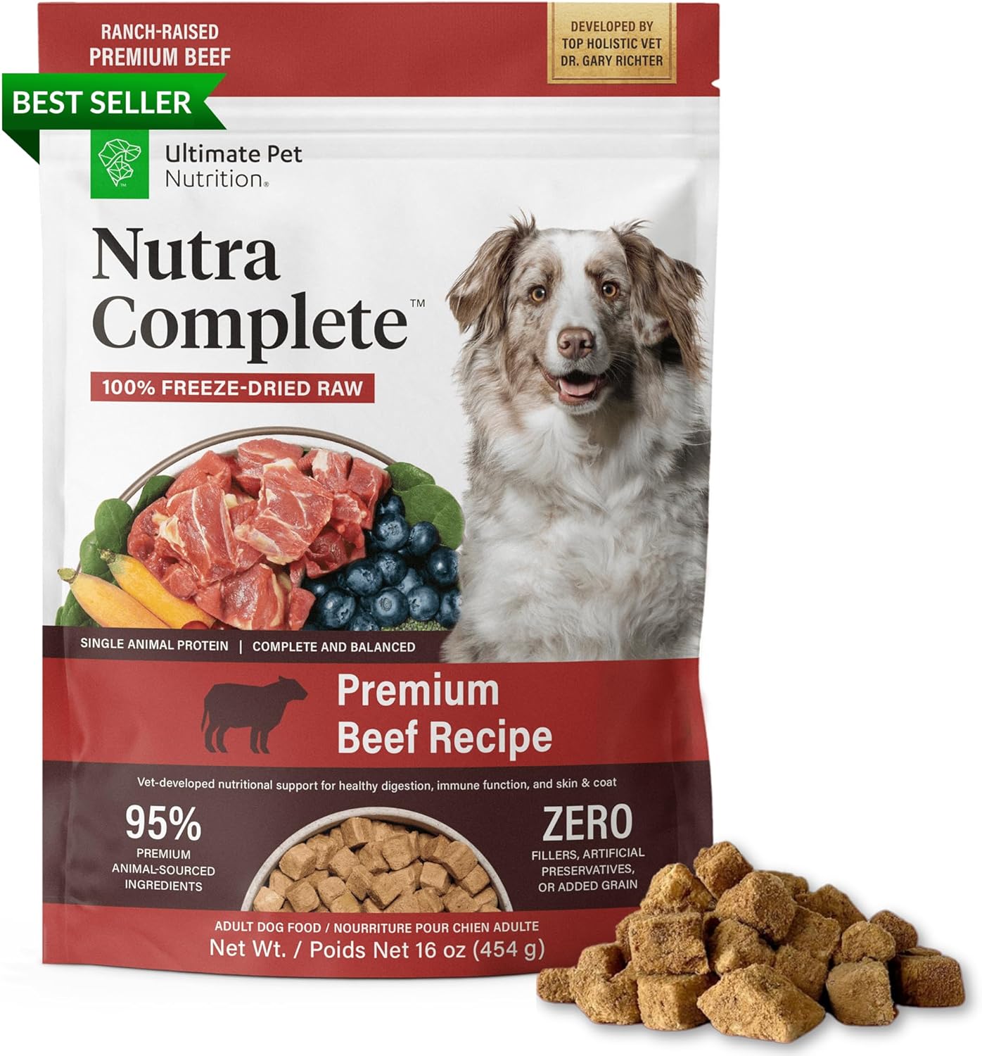 ULTIMATE PET NUTRITION Nutra Complete, 100% Freeze Dried Raw Veterinarian Formulated Dog Food with Antioxidants Prebiotics and Amino Acids (1 Pound, Beef)