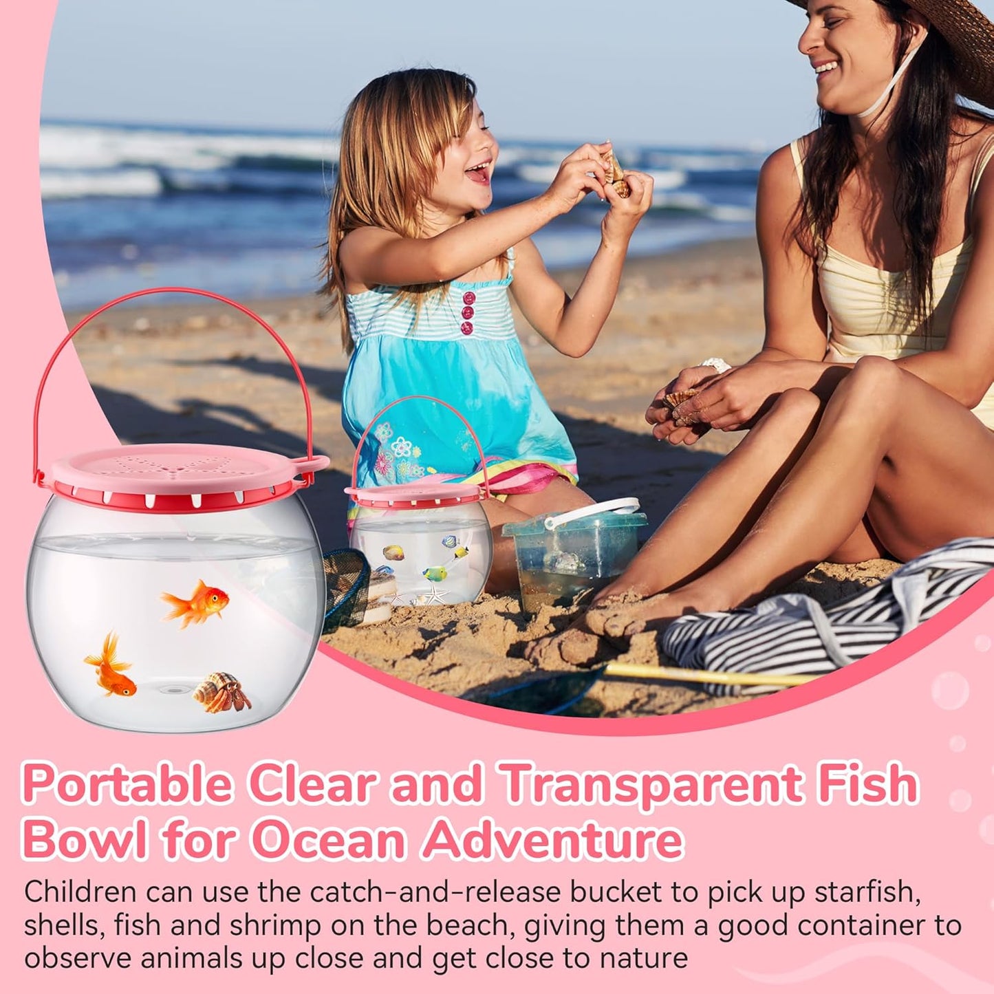 Saillong Catch and Release Plastic Small Bowl Kit, Portable Clear and Transparent Fish Bowl for Ocean Adventure, 0.8 Gallon Outdoor Cartoon Starfish Bucket Kit Ideal for Pool and Lake, Beach