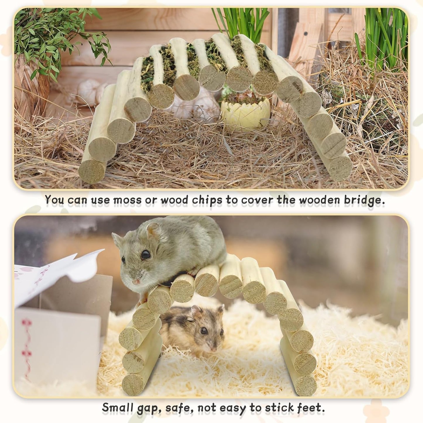 PIVBY 2PCS Wooden Hamster Ladder Bridge, Flexible Wood Tunnel Hide, Hamster Chew Toys for Small Animals Guinea Pig, Rat, Chinchilla, Gerbil, Mice, Mouse (Natural)