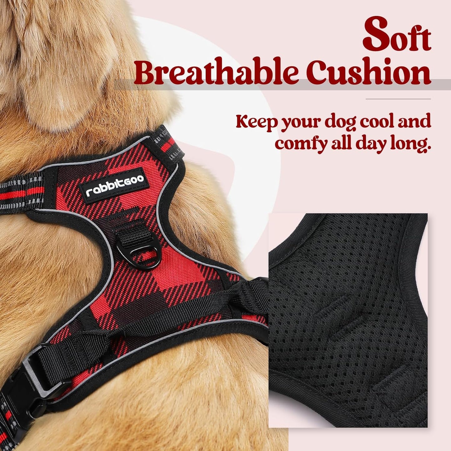 rabbitgoo Dog Harness No Pull with 2 Leash Clips, Adjustable Soft Padded, Reflective Oxford No Choke Pet Vest with Easy Control Handle for Large Dogs, Red Plaid, L