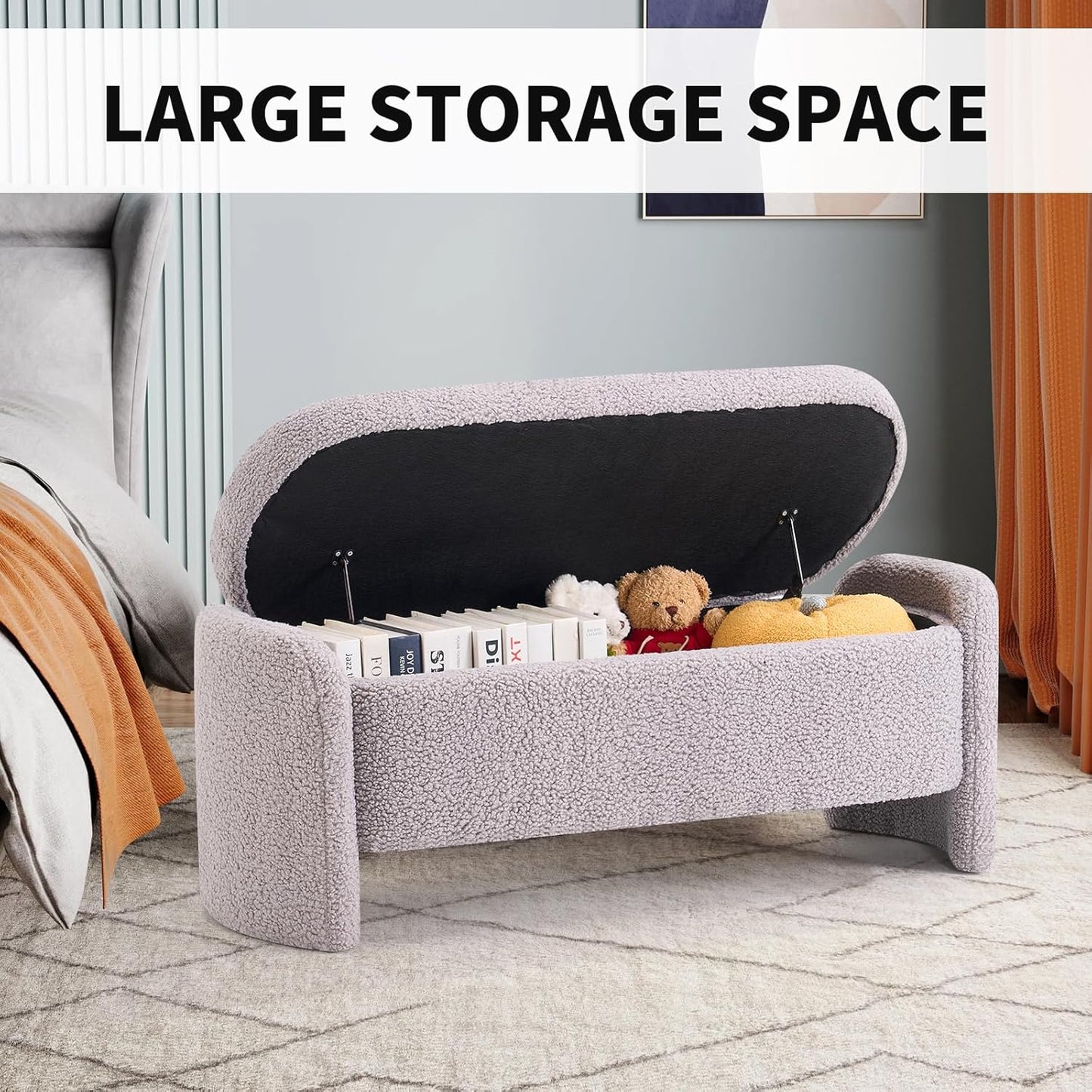 48 Inch Lamb Fleece Oval Storage Bench Upholstered Ottoman Bench with Storage, Bedroom Bench with Large Storage Space, for Bedroom Living Room Entryway, Grey