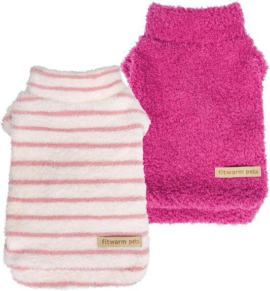 Fitwarm 2 Pack Striped Fleece Dog Sweater, Warm Winter Dog Clothes for Small Dogs Girl, Fuzzy Turtleneck Pet Outfit, Doggy Pullover Jumper, Rose Pink, White, Light Pink, Small