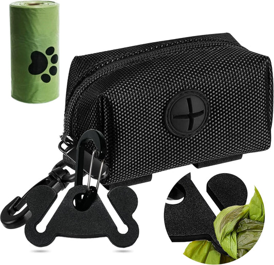 Dog Waste Bag Dispenser Pet Poop Bags Holder for Doggie Waste Bags Dispensers Soft Fabric Zipper Small Doggy Puppy Pouch for Leash Accessory Attachment with Carrier (Black)