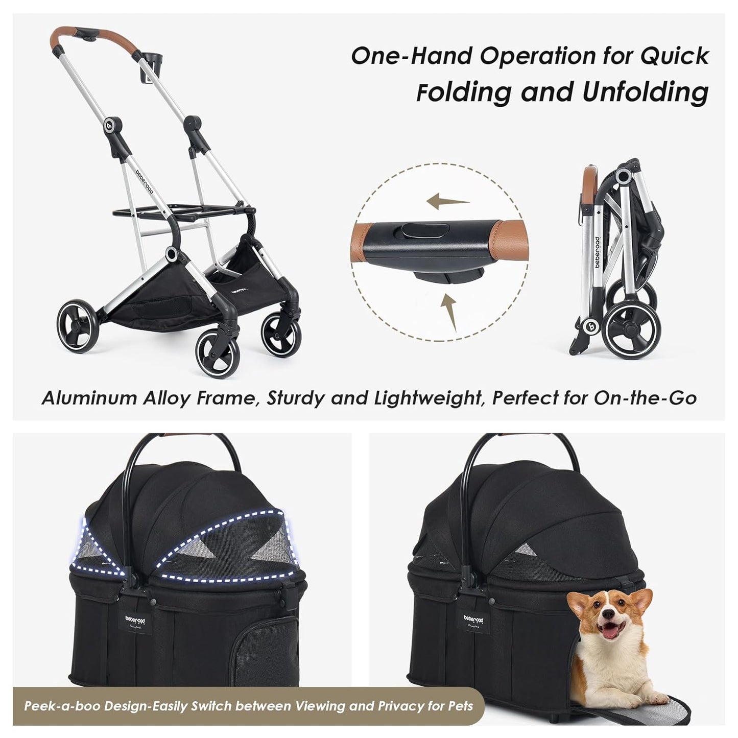 T3 Pro 3-in-1 Small Pet Stroller for Dog & Cats, 4 Wheels with Detachable Carrier with Pad, Canopy and Cup Holder (Black)