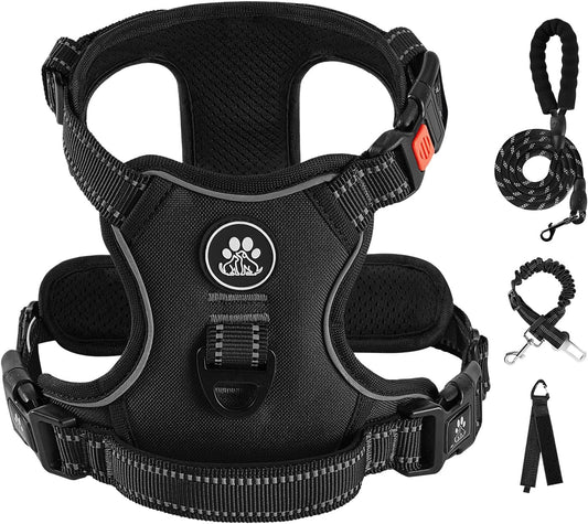 IVY&LANE No Pull Dog Harness for Medium Dogs, Dog Vest Harness with Leash, Safety Belt and Storage Strap, Fully Adjustable Harness, 360° Reflective Strip, Soft Handle (Black, M)