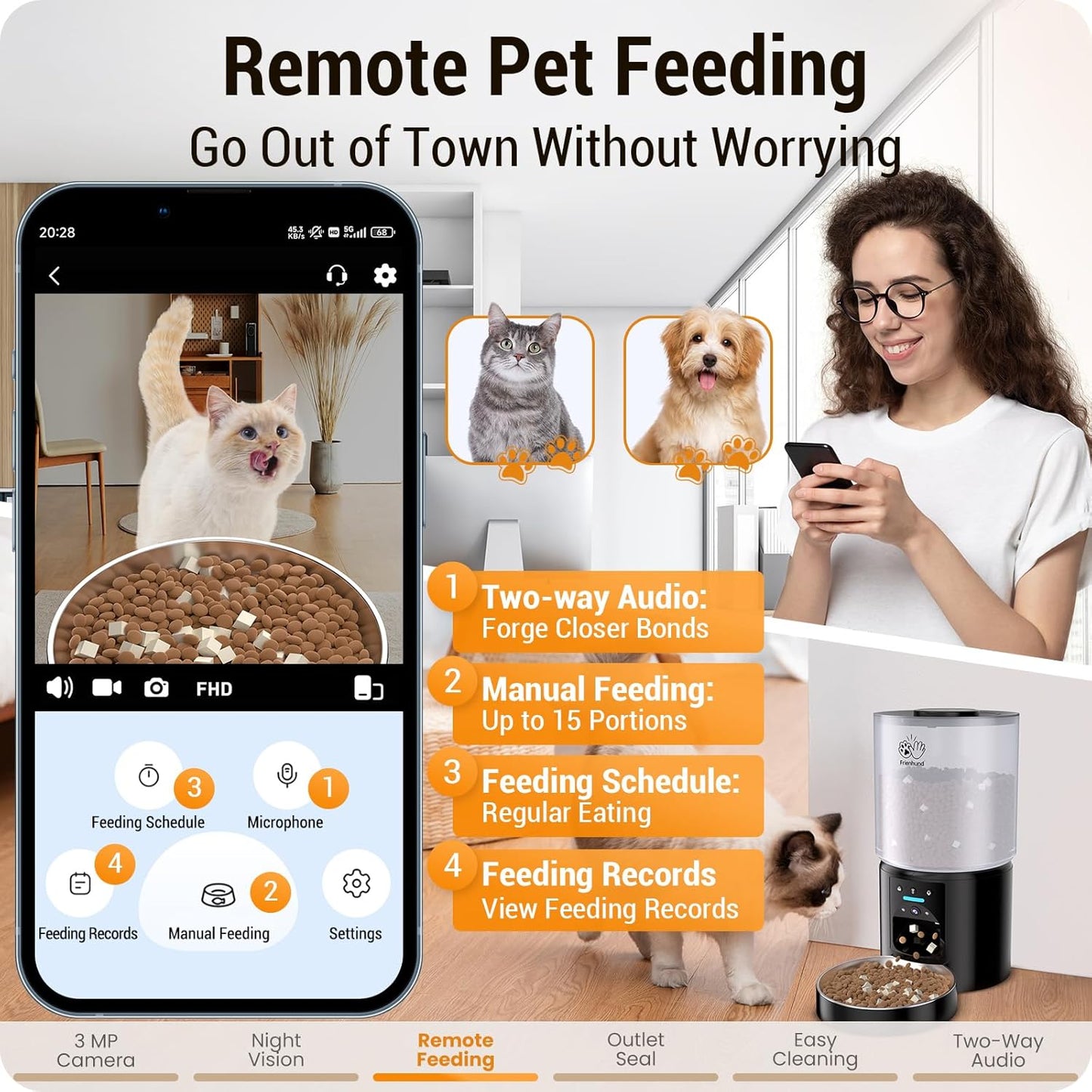 Automatic Cat Feeder with 2K HD Camera: 5G WiFi Automatic Dog Feeder with Sealed Outlet,Cat Food Dispenser with Freshness for Multiple Pets,Detachable for Easy Clean-21 Cup (5L Food Storage)