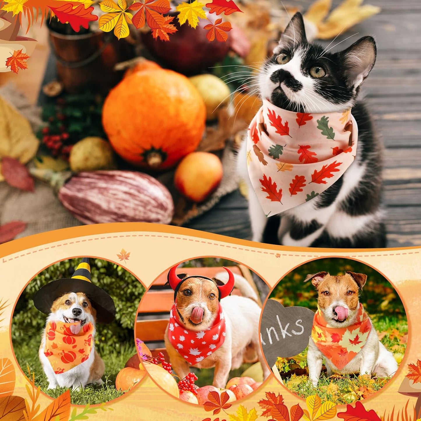 100 Pieces Fall Dog Bandanas Bulk Maple Leaves Bandanas for Dogs Autumn Soft Doggie Bibs Adjustable Triangle Scarves with Pumpkin Patterns for Small Medium Large Pet Fall Autumn Costume